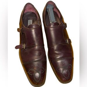 Johnston & Murphy Men's Burgundy Brown Leather Double-Buckle Monk Dress Shoes